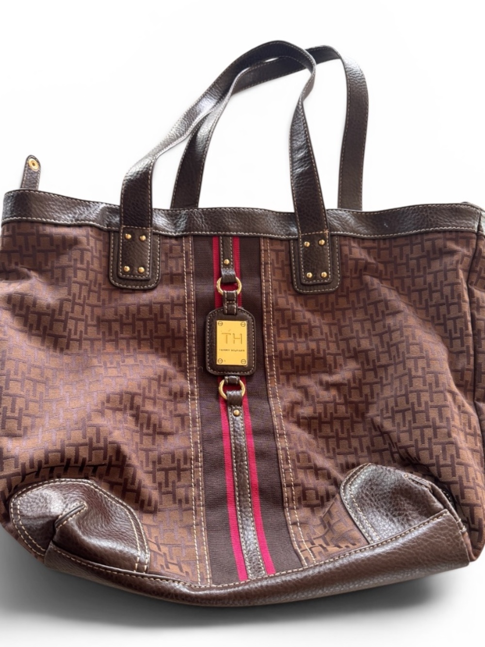 Tommy Hilfiger Monogram Tote Brown Signature Logo Shoulder Bag